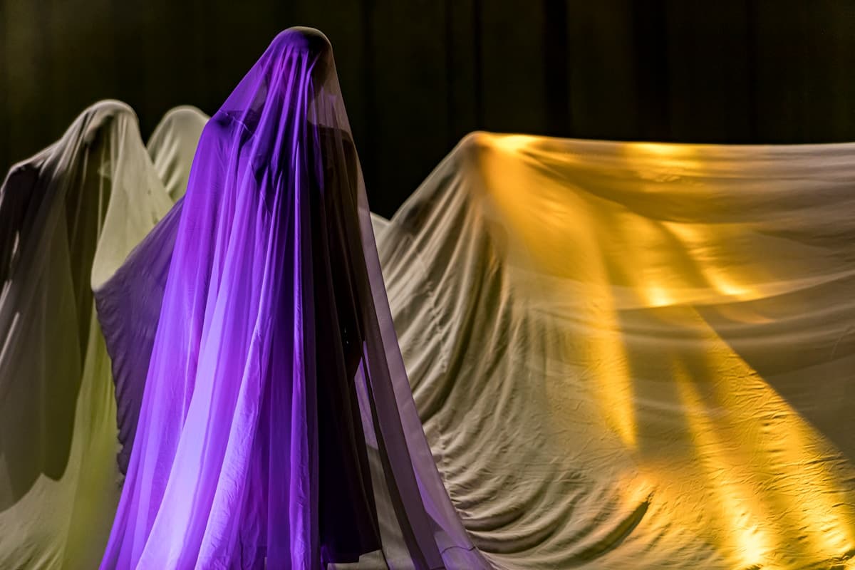 Performers moving beneath sheer textiles on stage